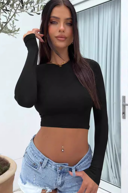 Hottie Solid Round Neck Slim Long Sleeve Crop Top