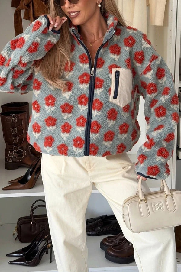 Escape From Winter Printed Teddy Bear Fleece Material Contrast Color Long Sleeve Pocket Zipper Coat