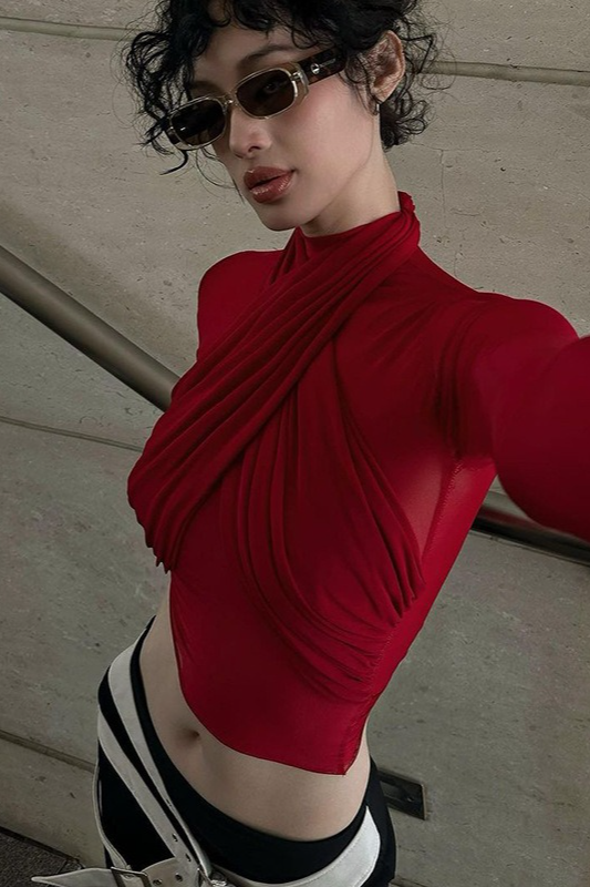 Slim Strappy Paneled Long Sleeve Stylish Crop Top