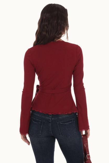 Lace Trim Wrap Tie Long Sleeve Tee