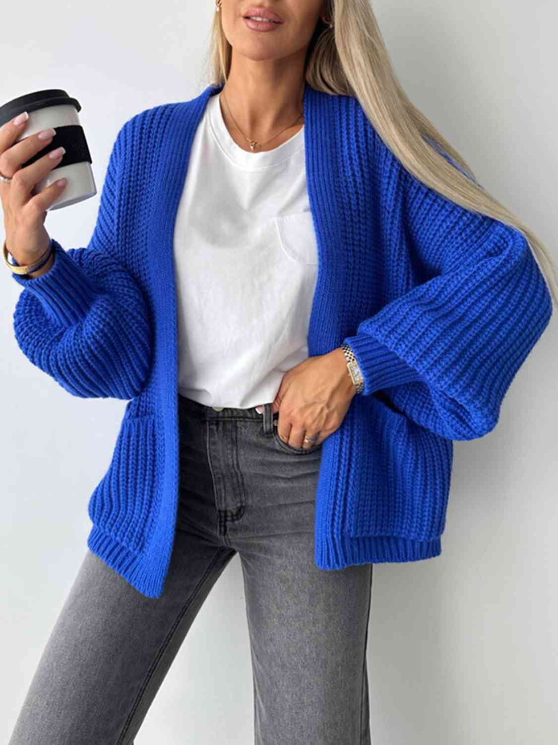 Solid Color V-neck Long-sleeved Casual Knitted Cardigan