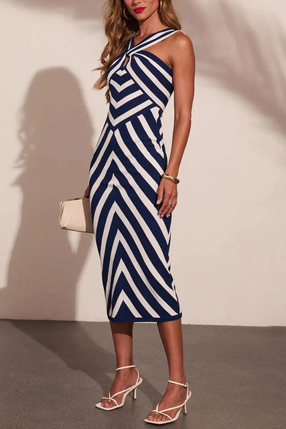Coastal Americana Knit Striped Cross Halter Neck Stretch Midi Dress