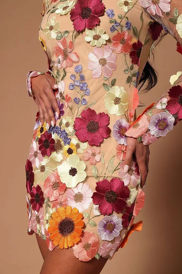 Mock Neck Long Sleeve Sheer Mesh 3D Floral Applique Mini Dress
