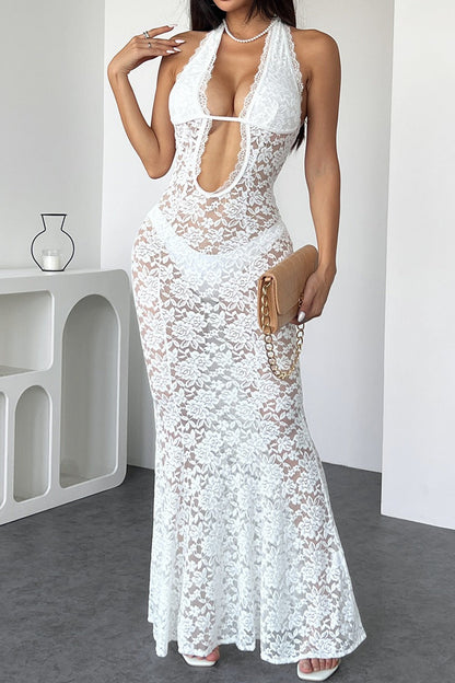 Cutout Halter Lace Slim Bodycon Floral Dress