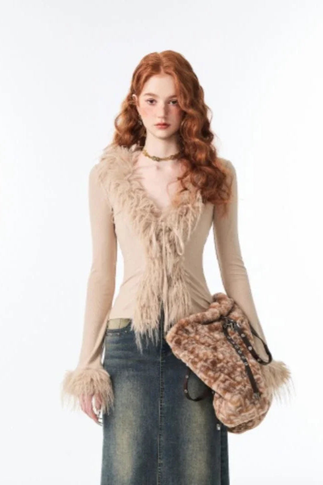Lace-Up V Neck Plush Cardigan