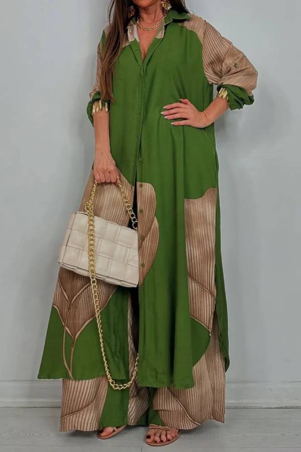 Color Block Vertical Stripe Print Long Shirt Cardigan & Elastic Waist Wide Leg Pants 2 Piece Set