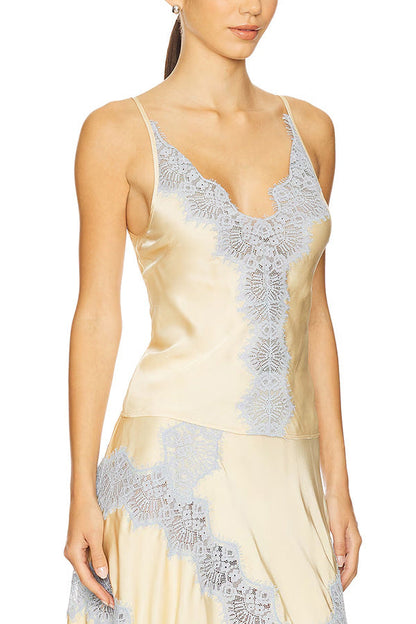 Light gold satin V-neck camisole with blue lace trim + matching skirt set