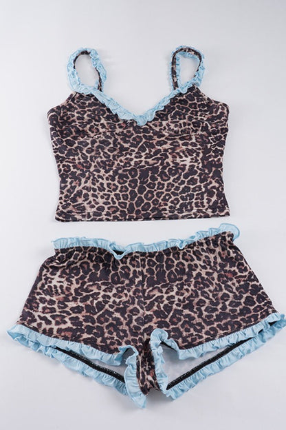Leopard Print Lace Trim Cami Shorts Set