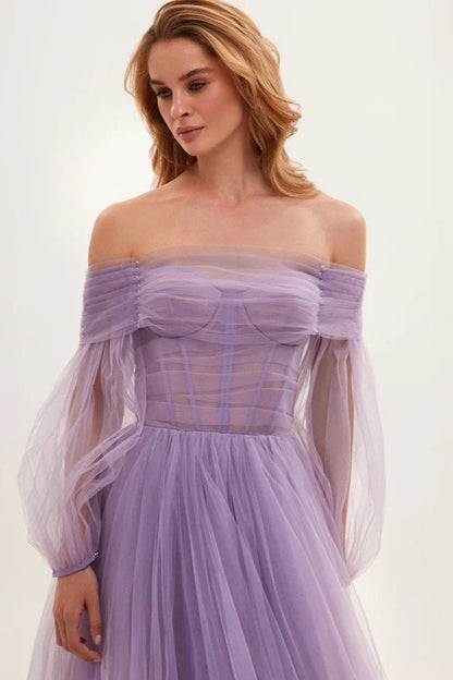 Off Shoulder Mesh Long Sleeve Prom Dress