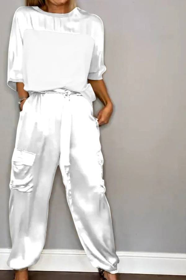 Satin Gloss Drawstring Waist-Defining Wide-Leg Workwear Set
