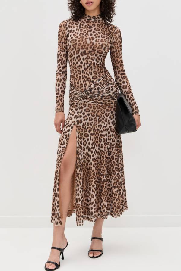 Retro leopard print high collar slim floor-length dress