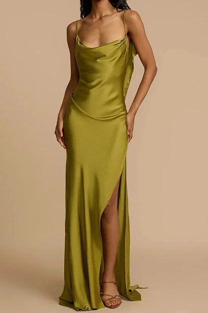 Spaghetti Strap Cowl Neck Thigh Slit Satin Maxi Dress