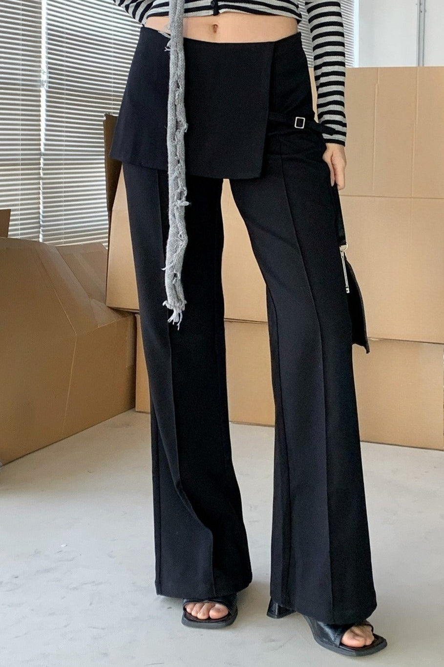 Faux Two Piece Skirt Overlay Flare Pants