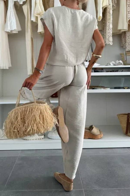 Leva Linen Blend Drawstring Short Sleeve Top and Elastic Waist Pocket Loose Tapered Pants