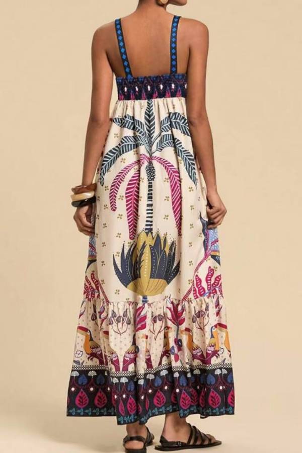 Tropical Print Square-Neck Cami Maxi Dress