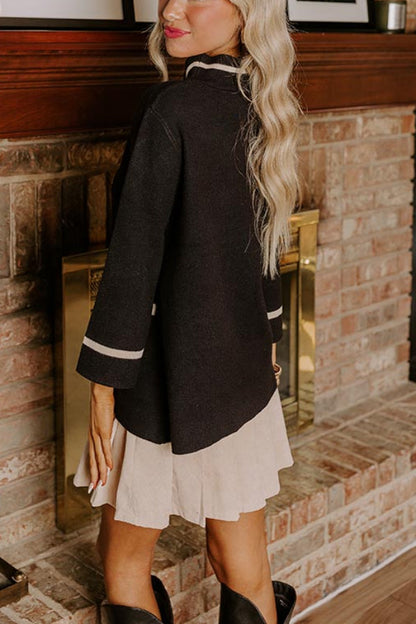 Class Act Knit Contrast Color Trim Mock Neck Pockets Sweater