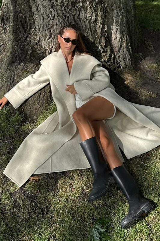 Wool Wide Lapel Cinched Waist Long Overcoat