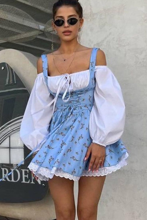 Two Piece Puff Sleeve Strapless Floral Dress