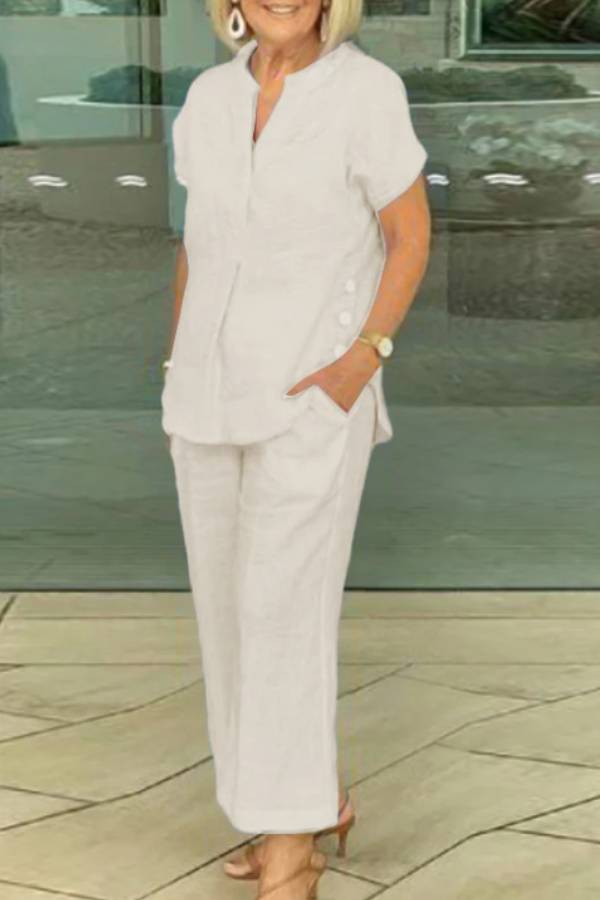 V-Neck Linen Casual Cropped Pants Set