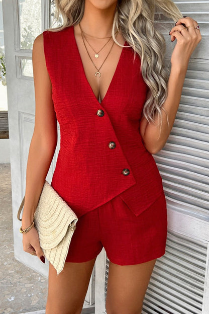 Solid Casual Button Up Vest Shorts Set
