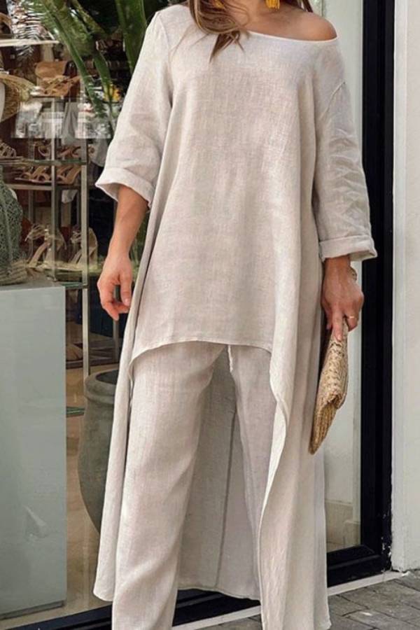 Linen Asymmetrical Long Top + Wide-Leg Pants Set