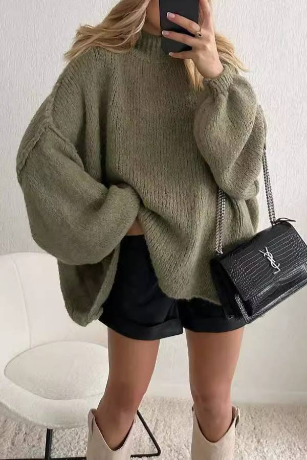 Lantern sleeve turtleneck loose sweater