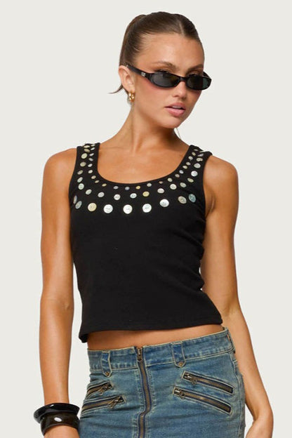 Sequin Button Ribbed Sleeveless Crop Top