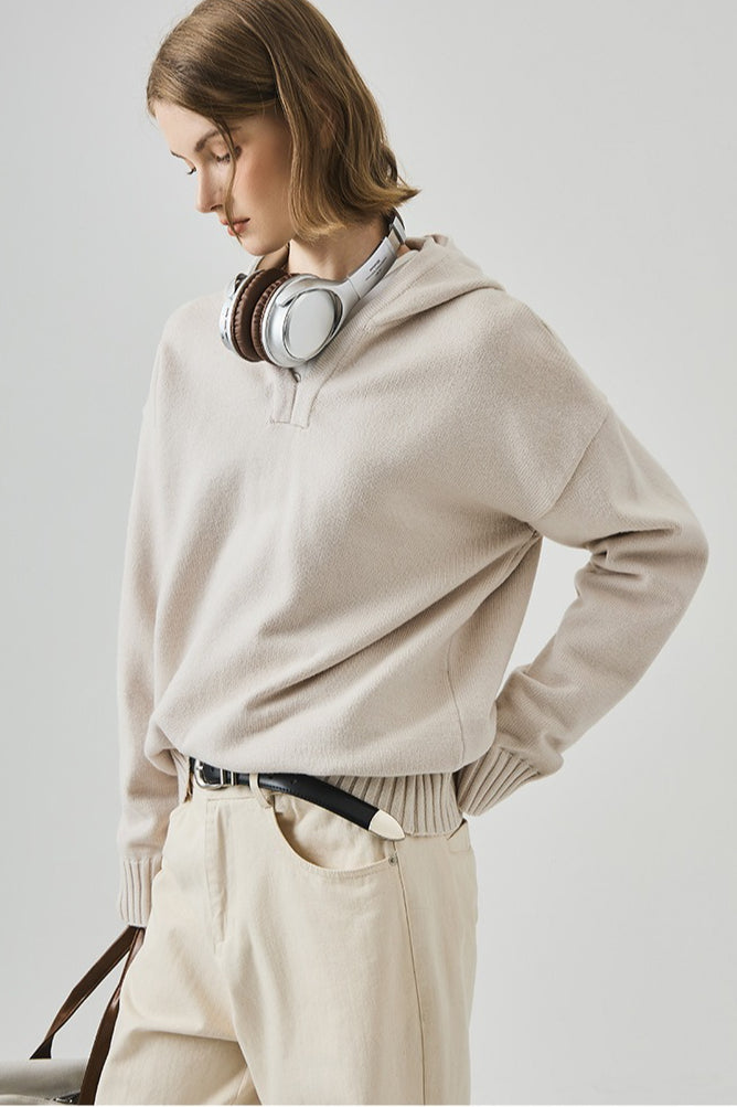 Slouchy V-Neck Hooded Sweater