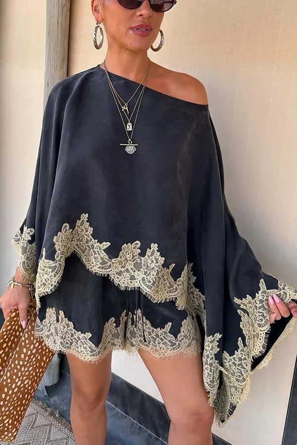 Eye-catching Suede Contrast Lace Trim Draped Shawl and Elastic Waist Pocket Shorts Set