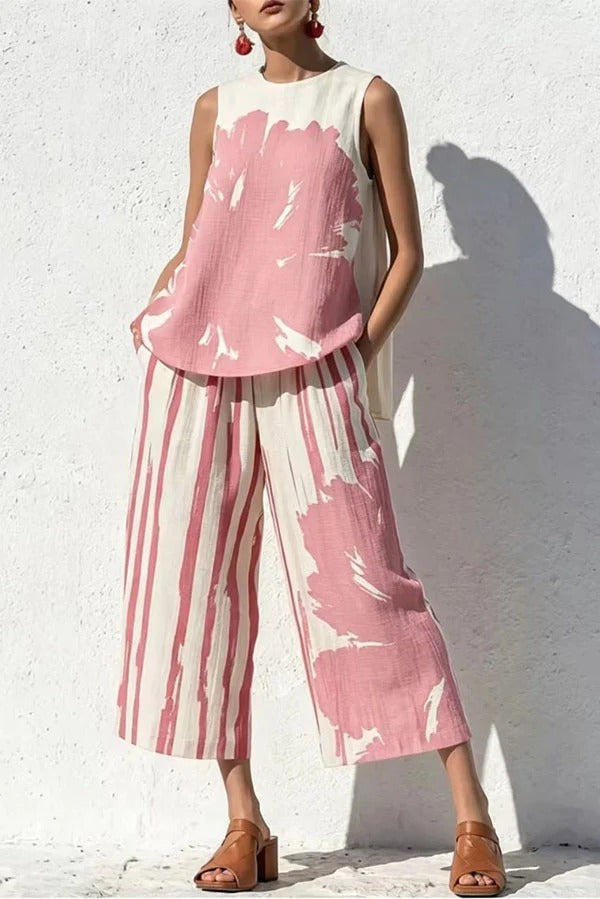 Abstract Brushstroke Sleeveless Tunic & Cropped Pant Set