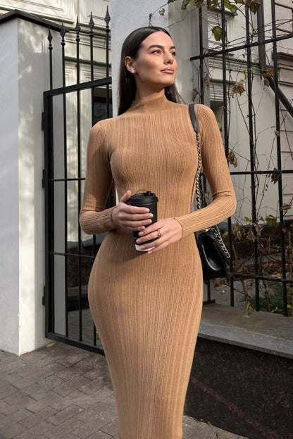 Elegant High Neck Striped Sweater Dress