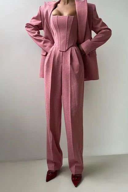 Layered Corset Style Three Piece Blazer Pants Set