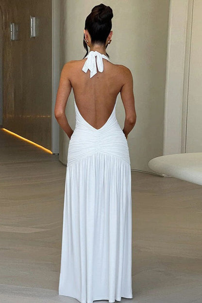 Halter V-Neck Backless Ruched Slit Cocktail Dress