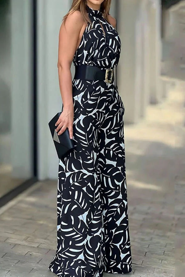 Printed Hollow Halter Sleeveless Waisted Wide Leg Jumpsuit