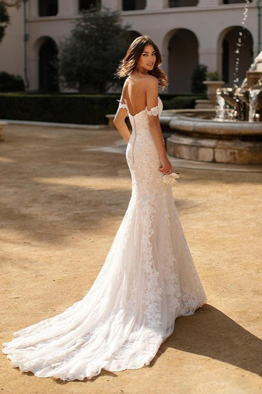 Vintage Off Shoulder A Line Wedding Dress