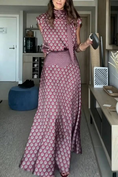 Dalena Satin Art Print High Tie-up Neck Short Sleeve Top and High Rise Maxi Skirt Set