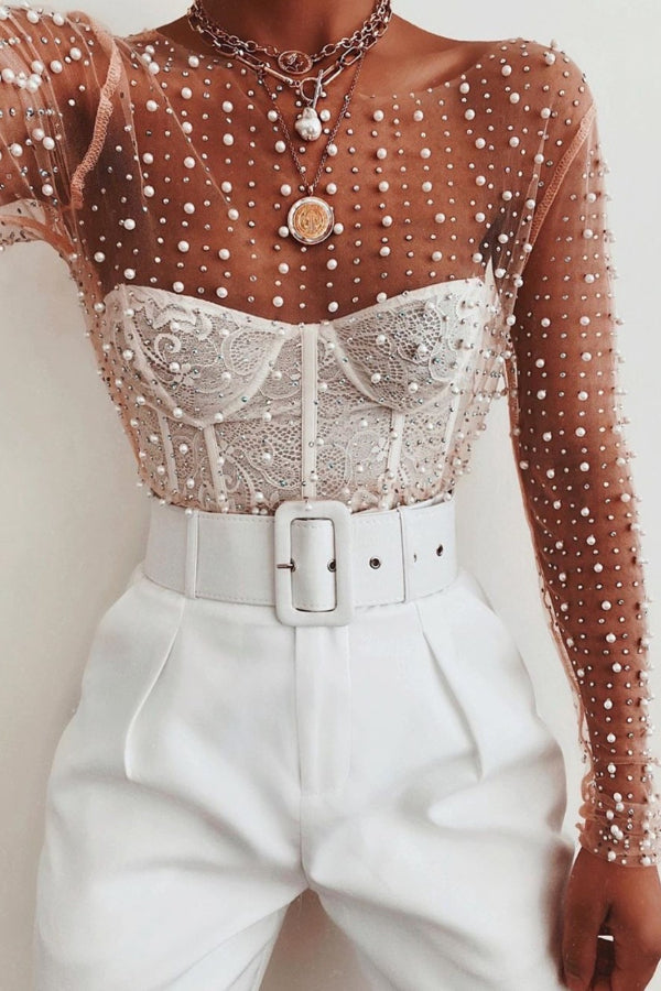 Pearl-Embellished Mesh Long-Sleeved Top