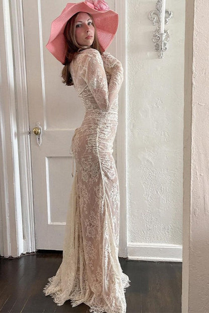 Lace Long Sleeve Ruched Mermaid Maxi Gown