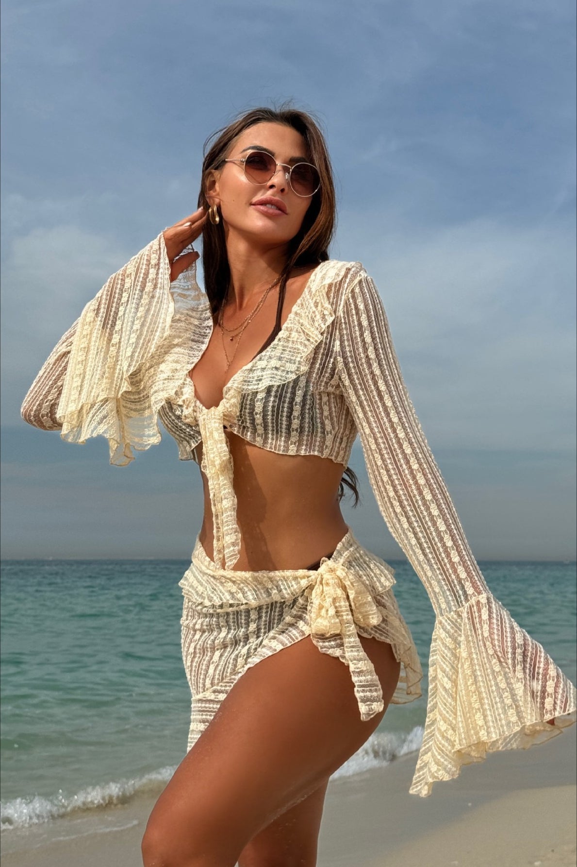 Lace Mesh Asymmetrical Hem Four Piece Swim Set