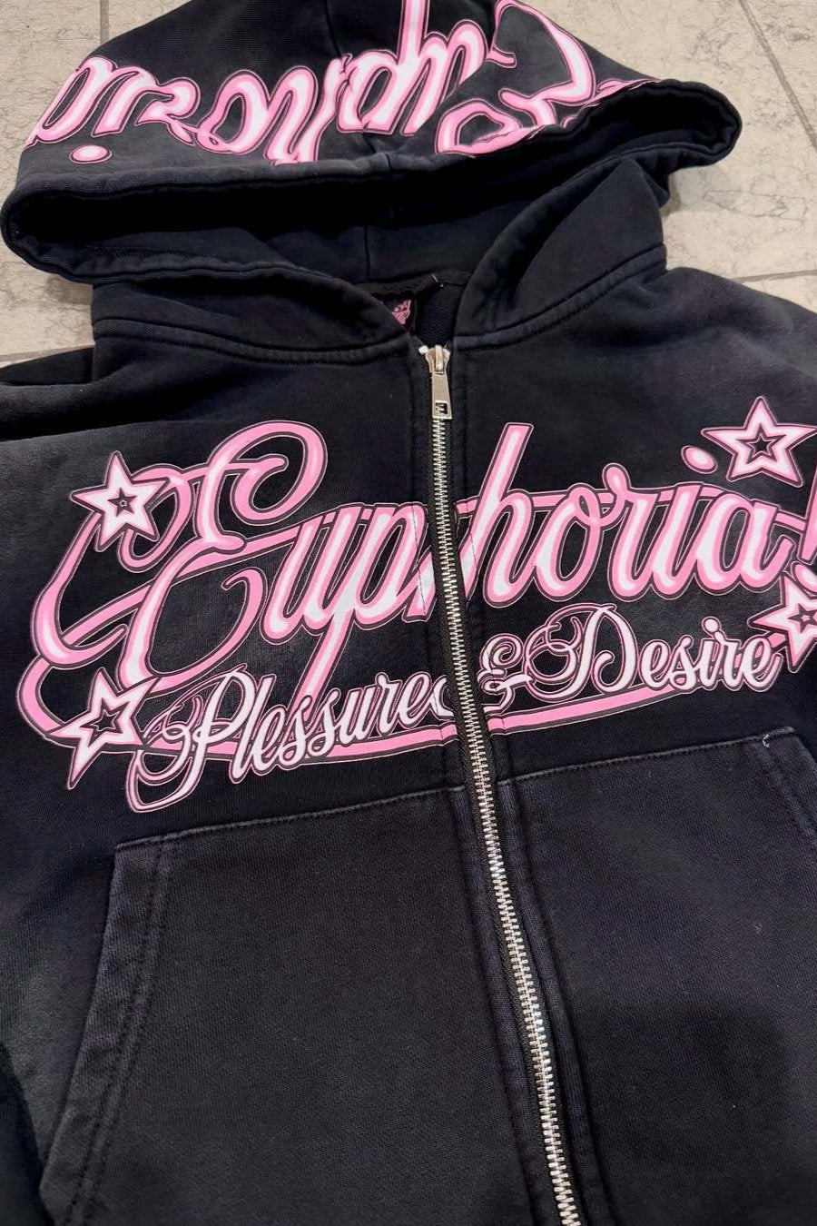 Rhinestone Script Zip Up Hoodie