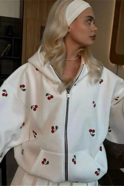 Cherry Print Zip Up Hoodie