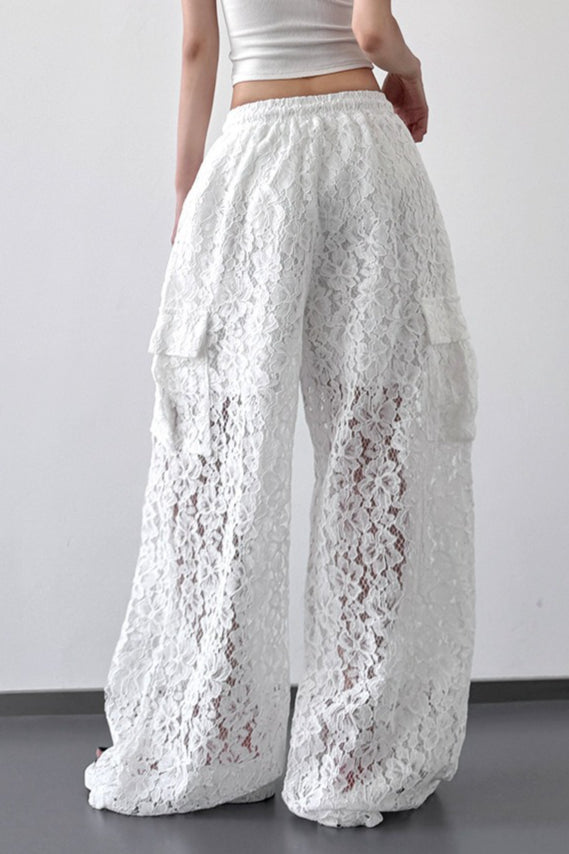 White Lace Cutout Casual Wide Leg Pants