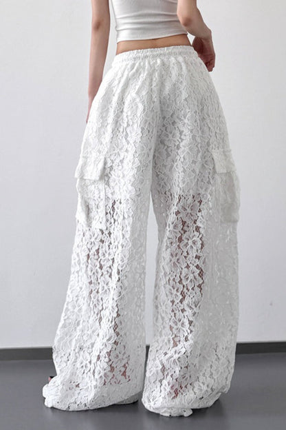 White Lace Cutout Casual Wide Leg Pants