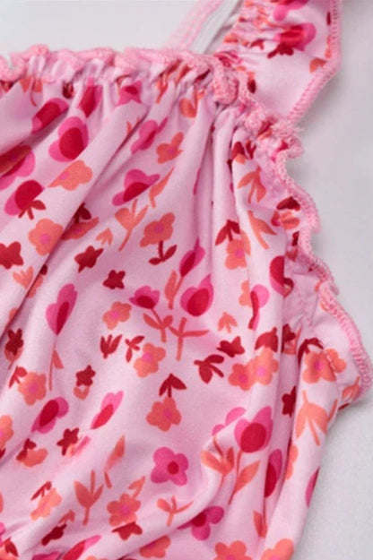 Summer Beach Women's Casual Pink Strap Print Floral Women's Ruched Party Club Midi Dress