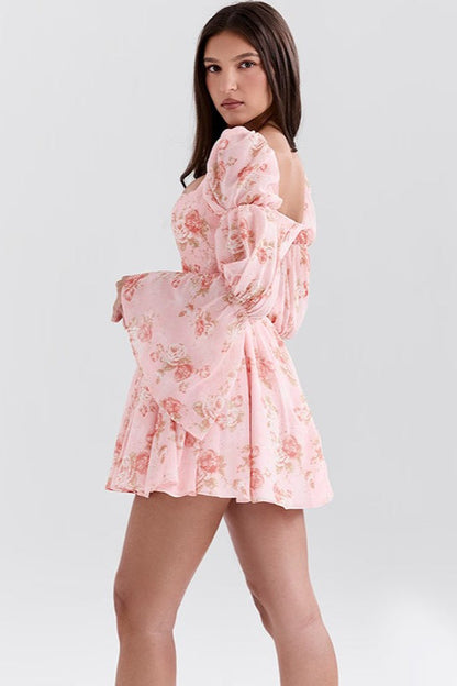 Rose Print Long Sleeve A-Line Floral Dress