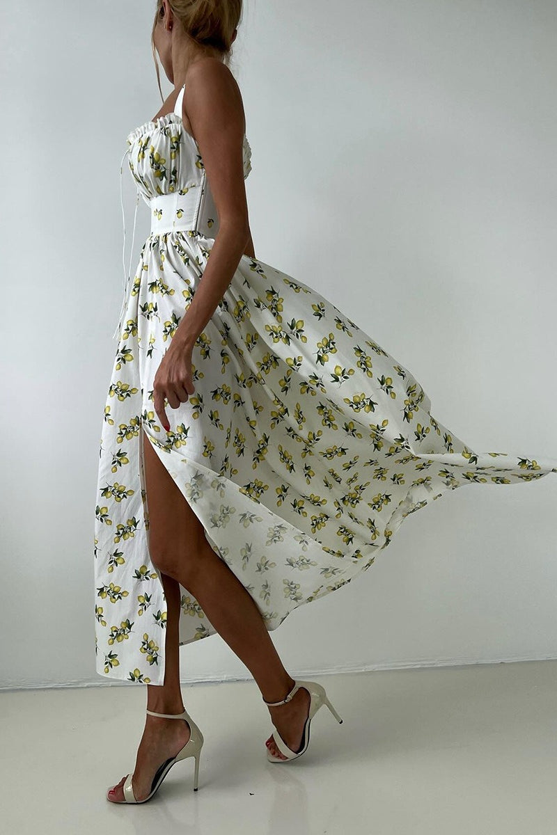 Low Neck Strap High Waist Slit Floral Dress