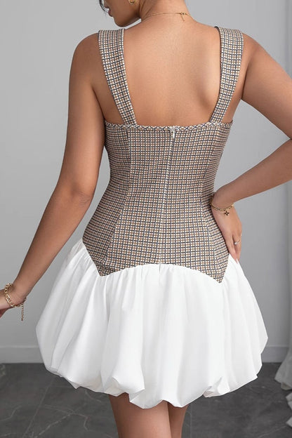 Plaid Square Neck Bubble Hem Fit and Flare Mini Dress