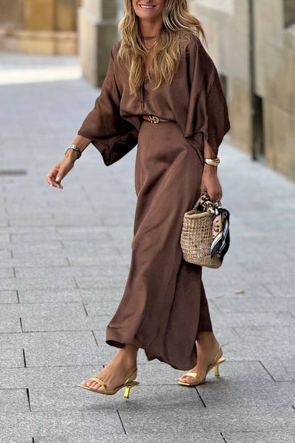 Dark Brown Satin Batwing Sleeve Top + Draped Maxi Skirt Two-Piece Set