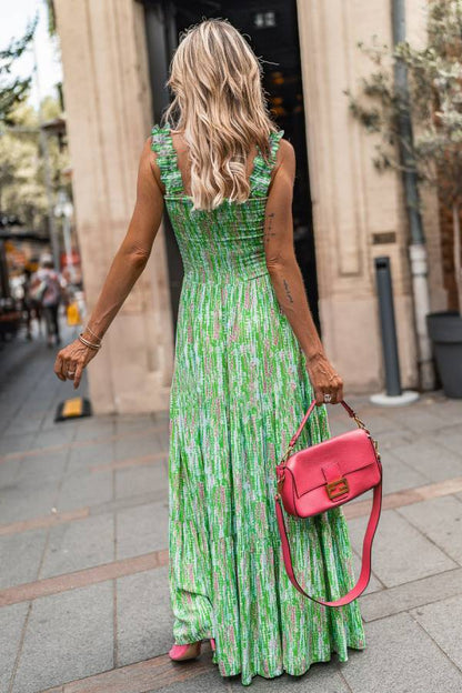 Green-French Sleeveless Floral Suspender Skirt