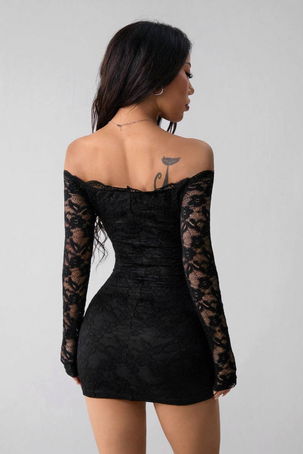 Lace Off Shoulder Long Sleeve Scalloped Trim Bodycon Mini Dress